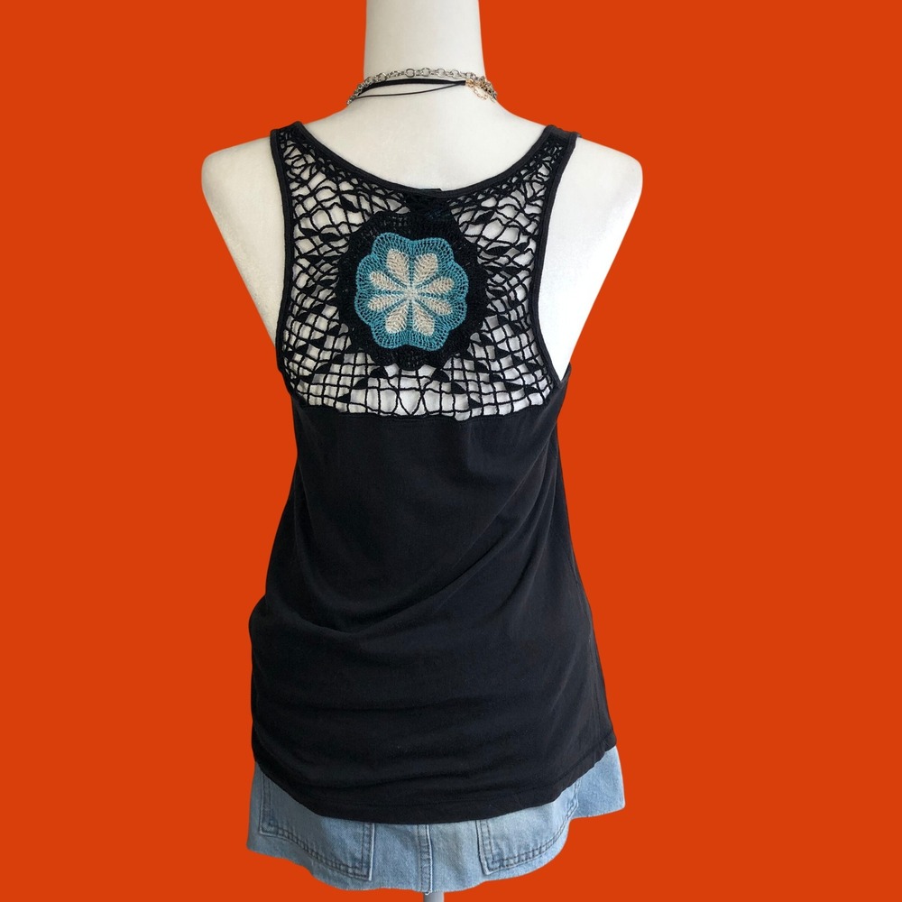 Vintage Y2K Lucky Brand Black Crochet Back Flower Tank Top XS Boho Fairycore